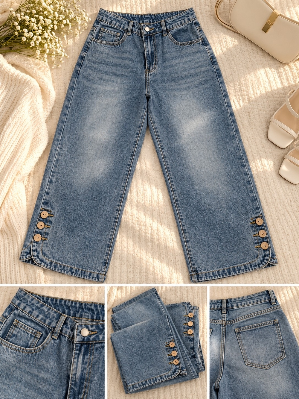 Women's Wide-Leg Button-Hem Blue Jeans
